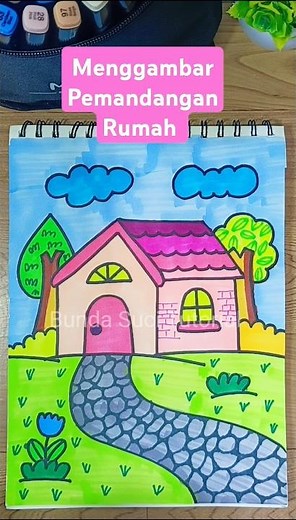 Tutorial menggambar dan mewarnai rumah dengan pemandangan #art #caramenggambar #howtodraw #easydraw