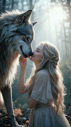 Wolf Girl Sends an Invigorating Kiss While Standing Beside the Wolf, A Moment of Magic, Strength