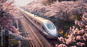 White Train Speeds Through Cherry Blossom Tunnel