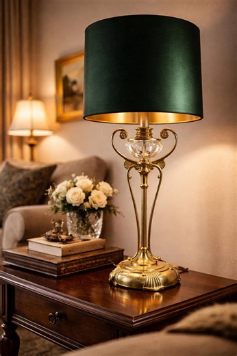 Vintage Brass Table Lamp | Faceted Glass, Gold Lined Shade - Etsy