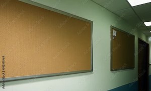 Empty Bulletin Board in Office Corridor: A simple and clean photograph of a blank corkboard in a hallway, ready for your message. Perfect for presentations, announcements, or simply adding a touch of