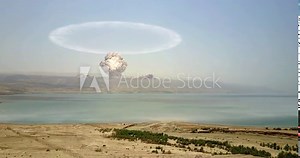 Nuclear Atom Explosion Over The Mountians Desert And Dead Sea Aerial Drone Footage simulates Real drone footage with visual effect elements of Nuclear Atom Explosion Over The Mountians Desert And Dead