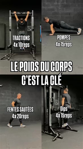 Workoutgen on Instagram: "Conseil du jour Le poids du corps, c’est la clé. 🔑 Si tu veux vraiment progresser en salle, tu dois d’abord maîtriser ton corps. Plus de contrôle = plus de force, plus de stabilité, plus de résultats sur tous tes exercices. 🔥 Séance du jour : 3–4 tours : • Tractions — 8–12 • Pompes — 15–25 • Fentes sautées — 12–20 • Dips — 10–15 Repos : 30–45 sec entre exos, 60–90 sec entre tours. 🚀 Avec WorkoutGen, tu profites : ✅ d’un programme gratuit ✅ d’un plan 100 % personnalis
