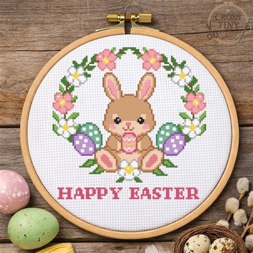 Happy Easter Cross Stitch Pattern, Easter Bunny Wreath Embroidery, Spring Floral Rabbit Design, PDF (instant Download) - Etsy