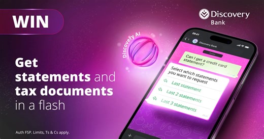 436 reactions · 78 shares |  Tap into effortless admin with Discovery AI. Need your bank statements or tax certificates in a flash? Discovery AI’s got you covered – JustAskDiscoveryAI Stand a chance to WIN a R1,000 shopping voucher! Reply with #DiscoveryBestBank and tell us which convenient feature is your favourite. Ts&Cs apply: discv.co/DiscoveryAICampaign | Discovery South Africa | Facebook