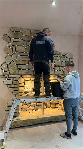 Lavish Lodge on Instagram: "This project has truly been a labour of love 🩵 I’m exhausted, slightly broken… but SO proud of what we’ve created 👏✨ Huge shoutout to my dad for coming to help 😃👍 Part 1 of creating our bespoke chimney breast 🔥 I discovered the dreamiest company online called @kucibrickslips and honestly… their range of stone cladding and brick slips are unreal 🤍 We chose the Mixed Sandstone cladding because it has that lighter, warmer tone we were after. The stones come in a mi