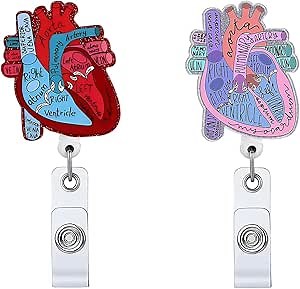 2P Funny Cardiac Retractable Badge Reel with ID Clip Name Tag Card Gift for Doctor Nurse Heart Anatomy Nursing Student Medical Worker Alligator Clip