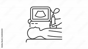 Ultrasound scan icon animation. Animated line doctor hand using transducer. Patient care. Check up. Medical exam. Loop HD video with alpha channel, transparent background. Outline motion graphic Stock Video