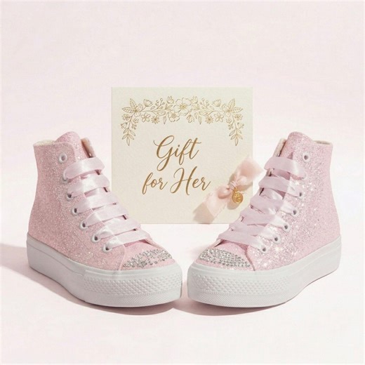 Gift for Bride, Custom Pink Glitter Bridal Sneakers, Pearl Rhinestone Wedding Shoes - Etsy