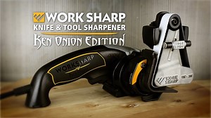 Work Sharp has partnered with legendary knife maker Ken Onion to develop the Work Sharp WSKTS-KO Knife and Tool Sharpener, an easy, almost effortless way to sharpen all your knives and many tools with precision and repeatability. Using a fully adjustable precision sharpening guide and five included flexible abrasive belts of various grits, it sharpens pocket and hunting knives, serrated knives, kitchen knives and any other shape or type of blade you own. The Ken Onion Edition Knife and Tool Shar