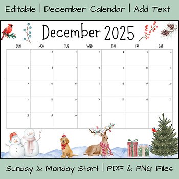 Editable December 2025 Printable Calendar | PDF and PNG Files