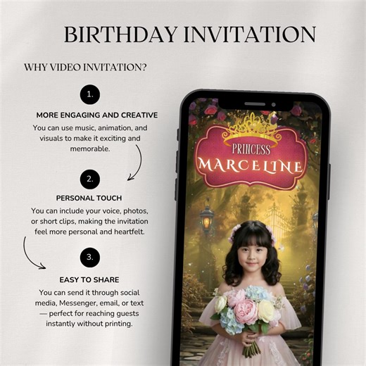 Why choose Video invitation? 🎥 More Engaging and Creative A video invitation captures attention better than a plain card or message. You can use music, animation, and visuals to make it exciting and memorable. 💬 Personal Touch You can include your voice, photos, or short clips, making the invitation feel more personal and heartfelt. 🌍 Easy to Share You can send it through social media, Messenger, email, or text — perfect for reaching guests instantly without printing. 💸 Cost-Effective No nee