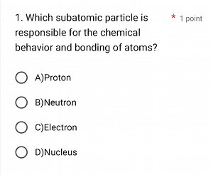 Which subatomic particle is1 pointresponsible for the chemica... | Filo