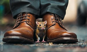 A curious mouse peeks out from between a person's shoes.