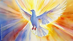 holy spirit as a white dove in rays of light, symbolizing Christian enlightenment and peace in art painting style animation -- 4k stock video footage AI