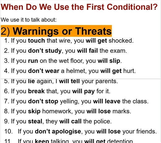 When Do We Use the First Conditional? We use it to talk about: 2) Warnings or Threats | Empowering English Learning