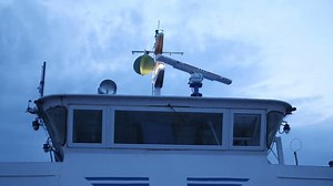 Command Cabin Of The Captain Of The Ship. Ship Radar at sunset scene