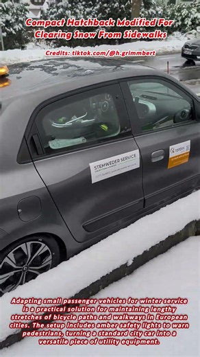 Compact Hatchback Modified For Clearing Snow From Sidewalks