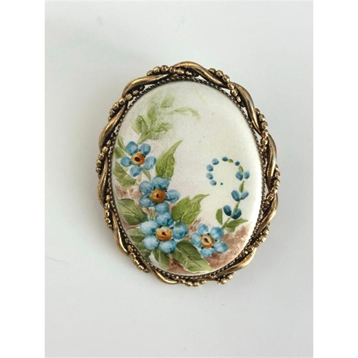 Vintage Hand-painted Porcelain Floral Brooch Pendent - Forget Me Not- Ornate Gold Twist Frame - Etsy