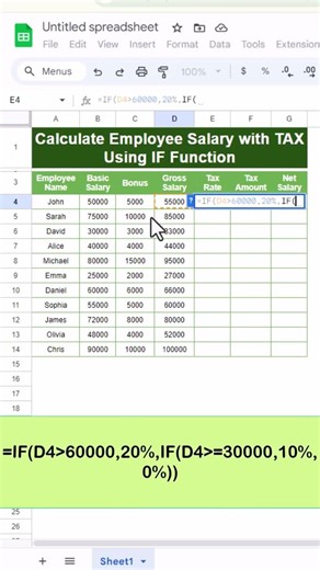Calculate Employee Salary with TAX Using IF Function #excel #youtube #exceltips #shortsvideo #viral