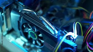 PC components in dust. The video card inside the computer does not work, the fan is dusty.