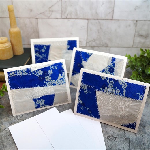 Quilted Fabric Greeting Card - Set of 4 , Blank Inside - Blue and White Silk - Etsy