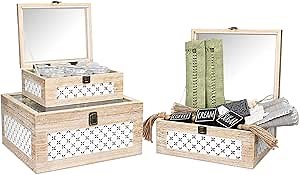 Ikee Design Set of 3 Stackable Wooden Decorative Boxes with Tempered Glass Hinged Lid, Farmhouse Storage Keepsake Box, Display Case for Crafts, Photos, Vintage White