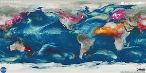 59K views · 1.5K reactions | A beautiful animation of our Earth's atmosphere (Aug 2019 -Jan 2020) from NASA! (Non-360 version with captions: https://bit.ly/2RBfCfl) Clouds & storms = blue/white Smoke from wildfires = orange/pink Desert dust = yellow/orange | AccuWeather | Facebook