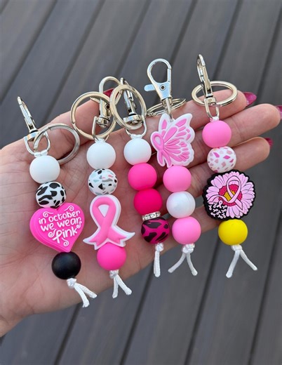 Pink Ribbon Silicone Beaded Keychain, Breast Cancer Awareness Gift - Etsy