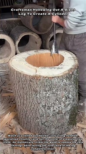 Craftsman Hollowing Out A Giant Log To Create A Cylinder