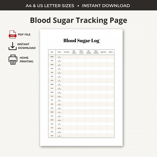 Printable Blood Sugar Log | Diabetic Tracker | Glucose Monitoring Sheet | Black and White and Color | A4 & US Letter | Instant Download PDF - Etsy