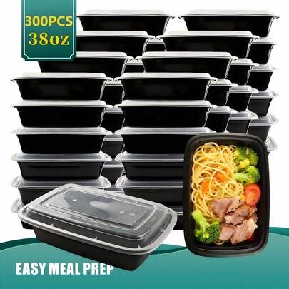 38oz Black 300-Pack (150 Containers & 150 Lids) Rectangular Food Storage Container Set, Stackable Leak-Proof Food Storage Container Set, Disposable Lunch Boxes, Perfect For Food Trucks, Catering, Office Lunch, Family Leftovers, Party Takeout And Picnics, Microwave, Dishwasher And Refrigerator | SHEIN