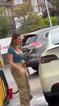 Blonde girl tried to fill up a tesla with gas