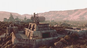 A futuristic city with a military base war bunker in the background