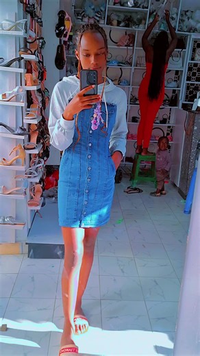 Stylish Shoe Store Mirror Selfie in Denim Dress