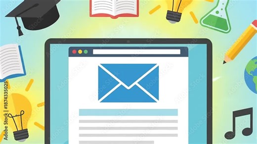 Online learning concept illustration with laptop, education icons on blue background, representing digital education, e learning, and educational technology