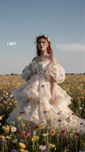 Another prompt y'all A stunning woman with flowing auburn hair adorned with delicate flowers stands in a vibrant meadow, her gaze direct and confident. She wears an elaborate, off-the-shoulder gown made of ruffled, cream-colored fabric, intricately decorated with numerous colorful blossoms. The dress creates a soft, voluminous silhouette. The background is a clear, bright blue sky, and the meadow is filled with an abundance of wildflowers in various hues of yellow, pink, purple, and white, creat
