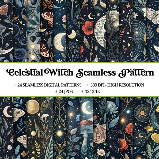 Celestial Witch Digital Paper | Mystical Seamless Pattern Bundle (digital Download) - Etsy