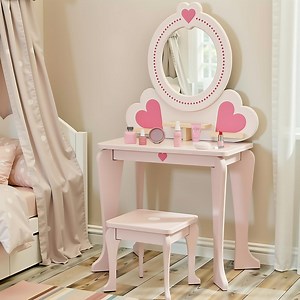 Pirecart Kids Vanity Makeup Table & Chair Set Make Up Stool Play Set for Children, Toddler Makeup Toy with 8 Pcs Accessories for Pretend Play, Pink
