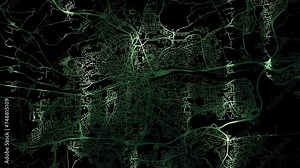 Zoom in road map of Cork Ireland with green glowing roads on a black background.