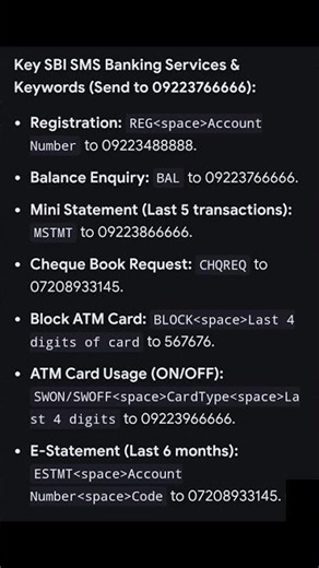 sbi sms banking registration and codes for useful services like mini statement, atm card etc
