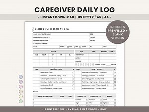 Elderly Care Daily Log Printable Caregiver Checklist for Senior Care, Home Health Caregiver Activity Report, Elder Caregiving Task Forms - Etsy