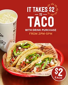 Hey Columbus, meet the best thing to happen to your afternoon cravings: $2 single tacos with the purchase of any drink 2pm-5pm. Stop by participating Chipotle locations to get in on the action. Valid between 2-5 PM local time at participating Cincinnati, Columbus, and Austin area Chipotle locations. Offer good for purchase of $2 individual tacos with the purchase of any beverage. May not be combined with other coupons, promotions, or special offers. For in-restaurant orders only. Offer available