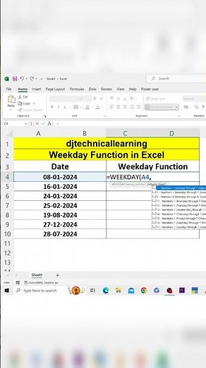 Weekday Function in Excel #exceltips #exceltech #deepakjhanswa #exceltutorial #excel #dataentry