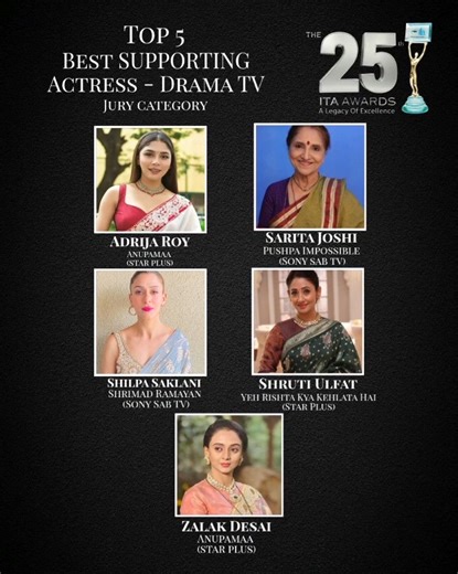 The 25th ITA Awards 2025 - Top 5 Nominees - Best Supporting Actress - Drama - TV 1. Adrija Roy - Anupamaa (Star Plus) 2. Sarita Joshi - Pushpa Impossible (Sony SAB TV) 3. Shilpa Saklani - Shrimad Ramayan (Sony SAB TV) 4. Shruti Ulfat - Yeh Rishta Kya Kehlata Hai (Star Plus) 5. Zalak Desai - Anupamaa (Star Plus) Your TICKET to India's No. 1 Awards - The 25th ITA Awards on Wed. 17th DEC 2025 at Jio World Convention Centre BKC, Mumbai. Available on District book at website or App. #ITAAwards #ITA20