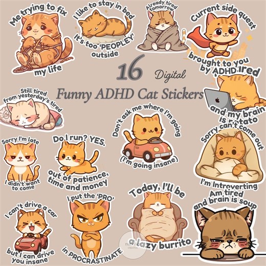 Funny ADHD Cat Stickers, Goodnotes and Digital Planner Stickers Pack, Cute ADHD Clipart, Journal and Notebook Stickers, Self Care Stickers - Etsy