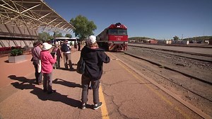 DEADLY MAKEOVER The Ghan rolled into Alice Springs with Santa Teresa's Chantelle Mulladad's Crossroads artwork depicted on three of the carriages for this year's Parrtjima, Central Australia's Festival of Light. 🎥Xavier Martin | ABC Alice Springs