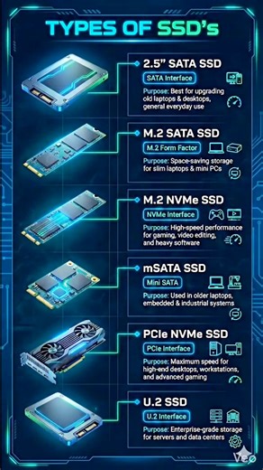 💾 Types of SSDs Explained – Choose the Right One for Your System 💾 Not all SSDs offer the same performance or compatibility. Understanding the differences helps you make the right upgrade decision. 👇 🔹 2.5” SATA SSD Best for: Upgrading older laptops & desktops ✔ Wide compatibility ✔ Significantly faster than HDDs ✔ Ideal for everyday computing and budget upgrades 🔹 M.2 SATA SSD Best for: Slim laptops & compact PCs ✔ Same speed as SATA SSDs ✔ Cable-free M.2 form factor 🔹 M.2 NVMe SSD Best f
