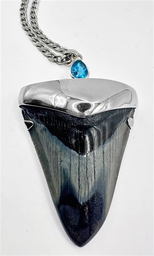 Large Megalodon Shark Tooth Pendant: Sterling Silver, Blue Topaz Accent - Etsy