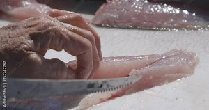 Closeup of man cutting fish meat with an electric saw on a dock in Florida